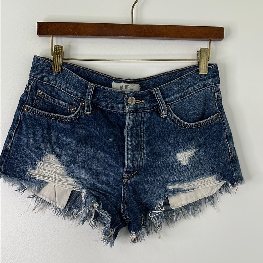 We The Free Blue Distressed Button Fly Jean Shorts Frayed Hem